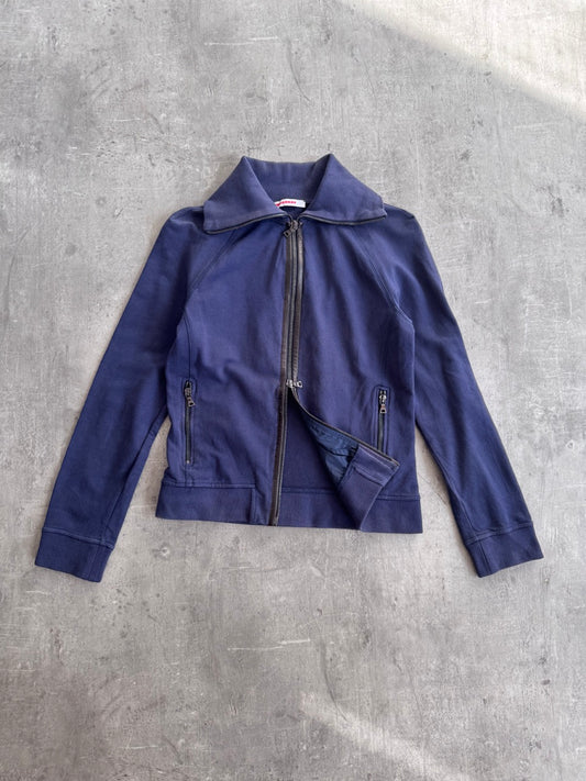 Prada Leather Spellout Detail Navy Zip Up Sweater