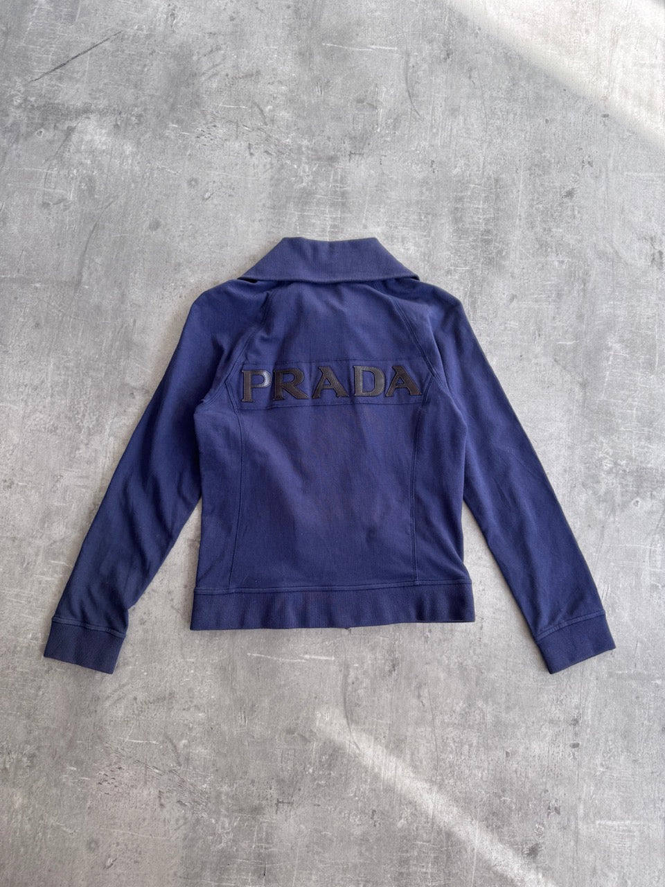 Prada Leather Spellout Detail Navy Zip Up Sweater