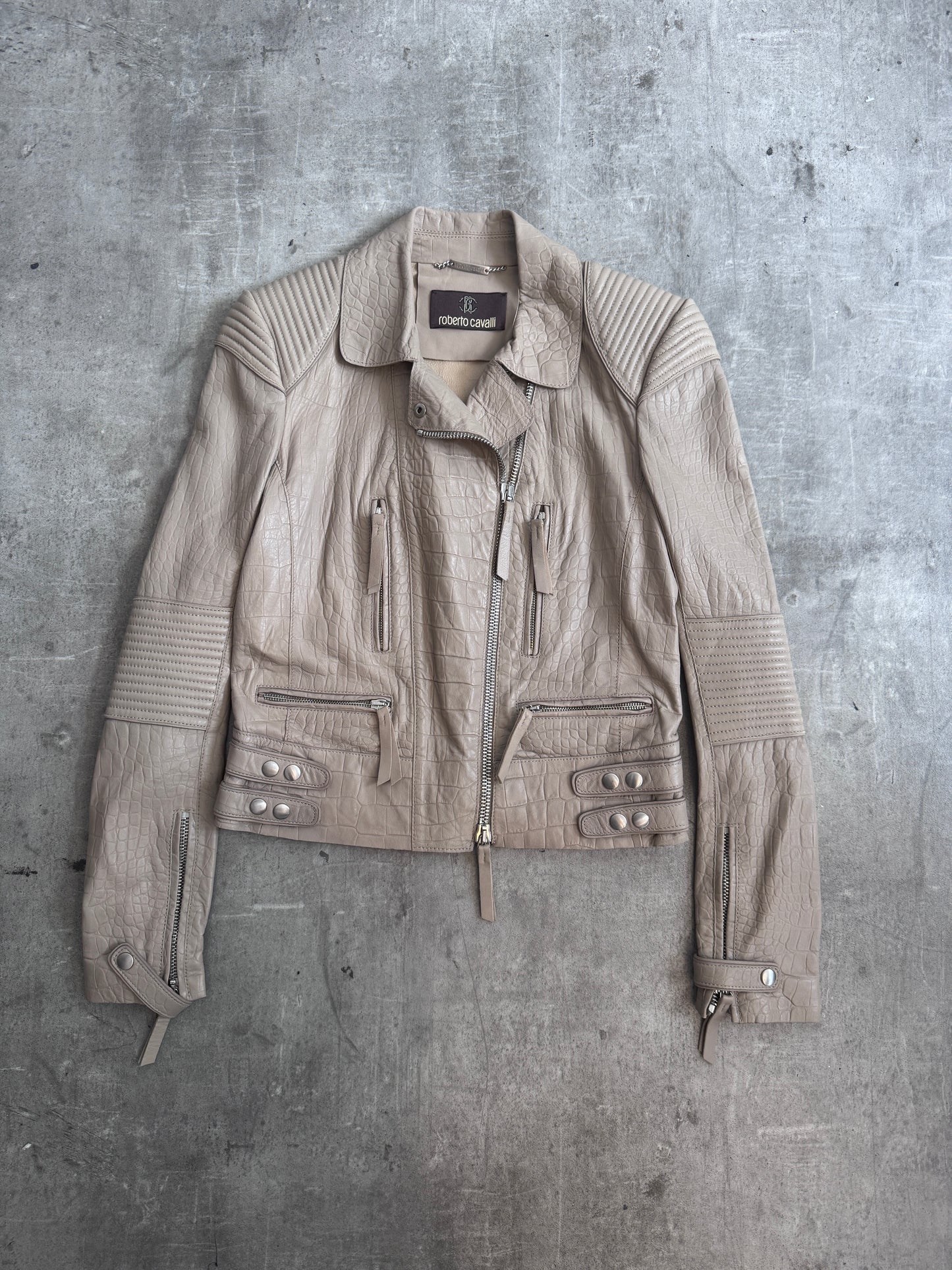 Roberto Cavalli Taupe Embossed Crocprint Leather Biker Jacket