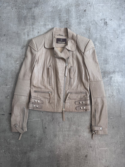 Roberto Cavalli Taupe Embossed Crocprint Leather Biker Jacket
