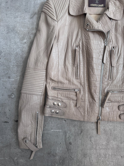 Roberto Cavalli Taupe Embossed Crocprint Leather Biker Jacket