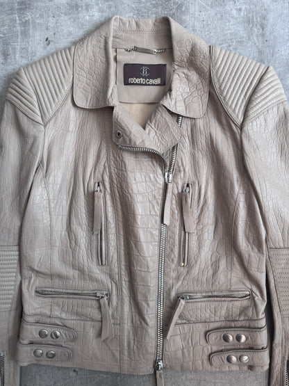 Roberto Cavalli Taupe Embossed Crocprint Leather Biker Jacket