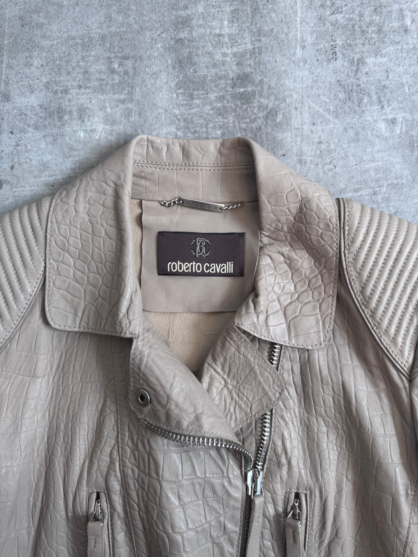 Roberto Cavalli Taupe Embossed Crocprint Leather Biker Jacket
