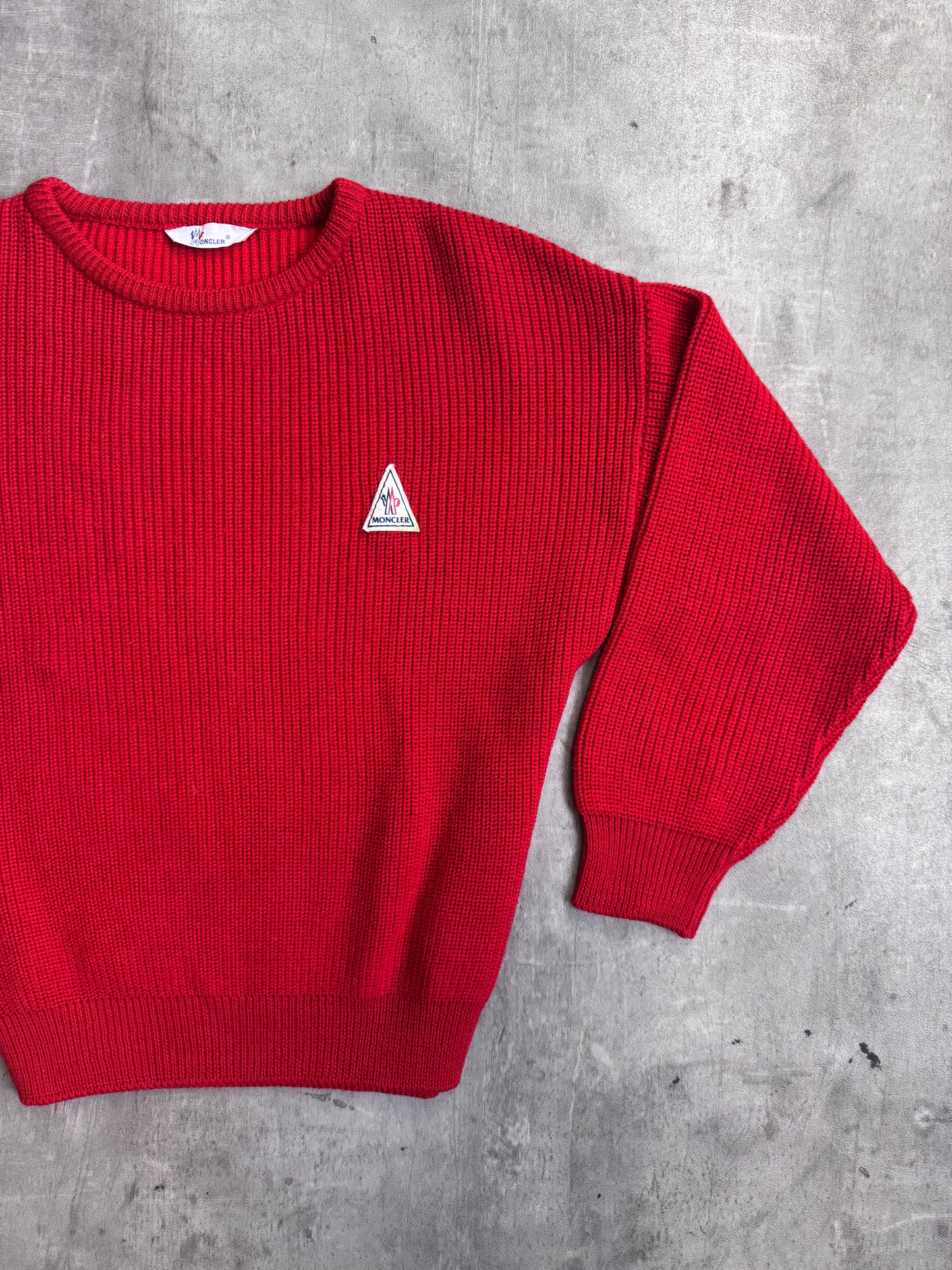 Moncler 80's Vintage Red Pure Wool Knit Crew Neck Sweater