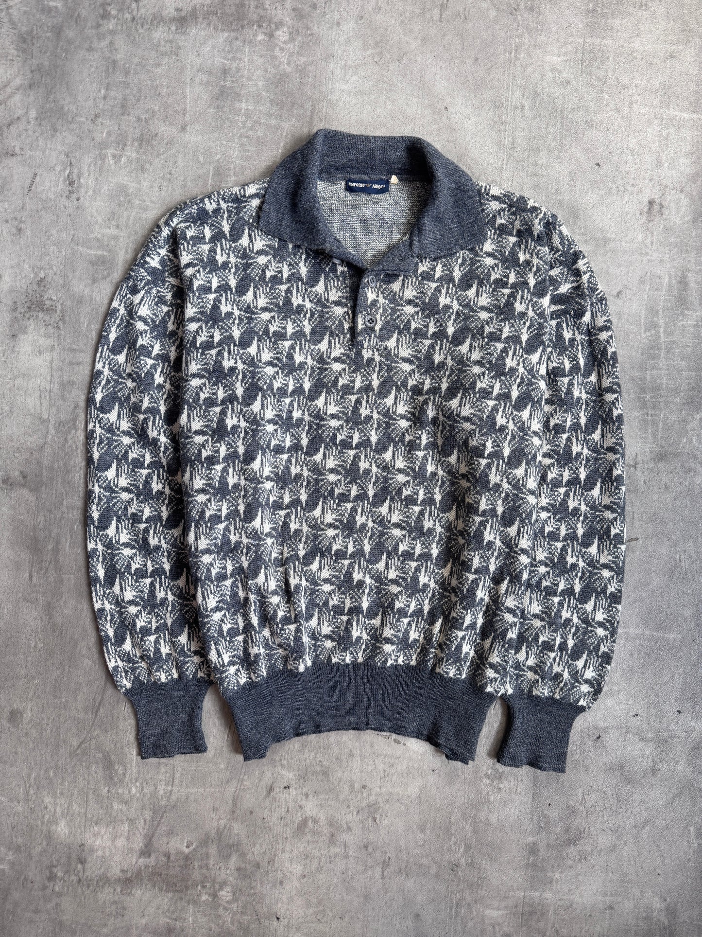 1980s Emporio Armani Grey Knit Graphic Print L/S Polo