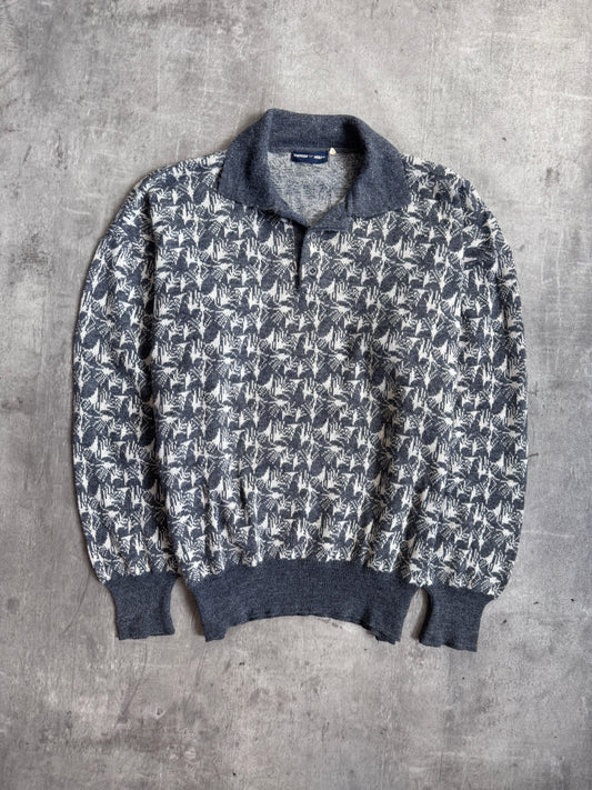 1980s Emporio Armani Grey Knit Graphic Print L/S Polo