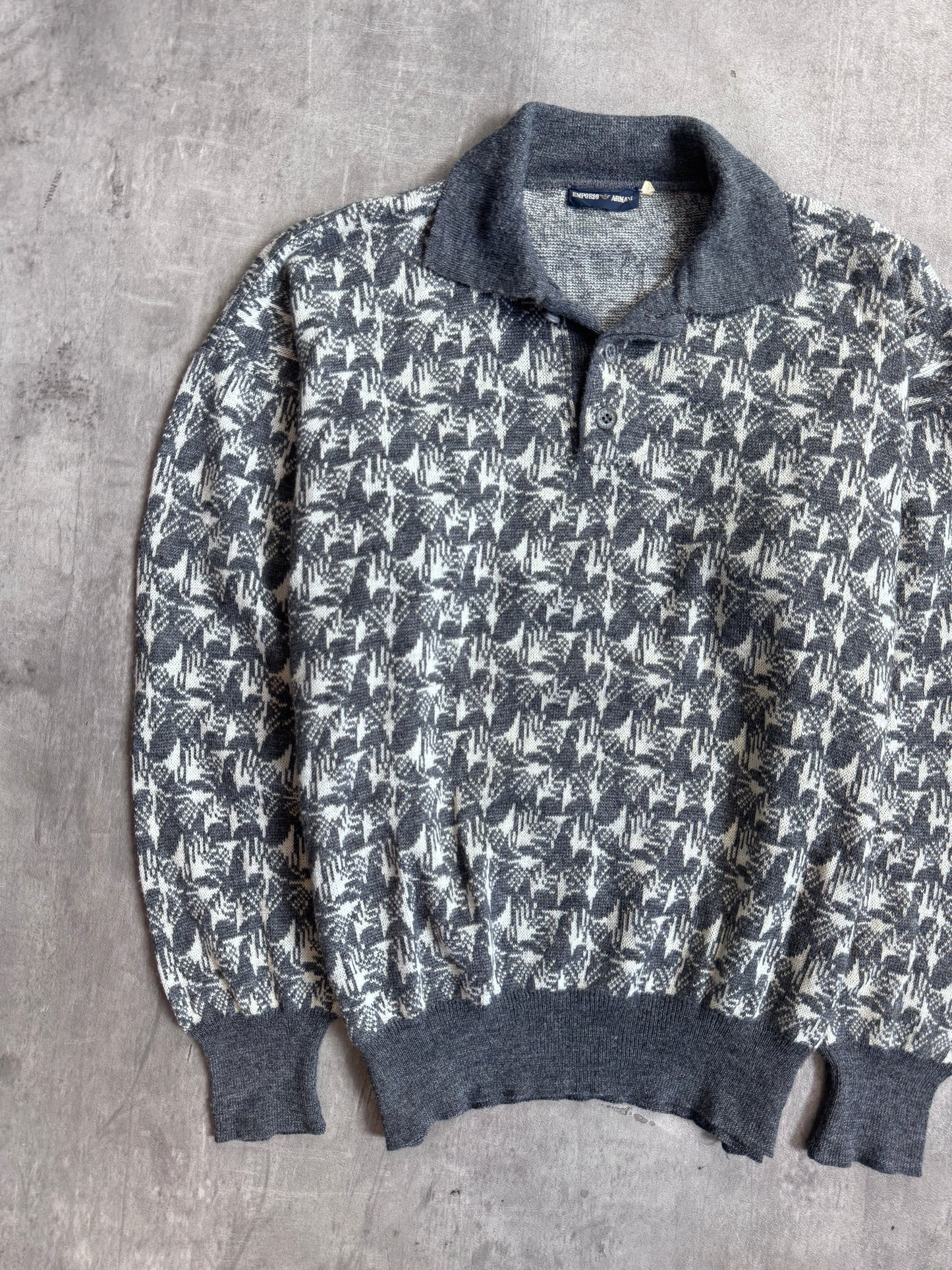 1980s Emporio Armani Grey Knit Graphic Print L/S Polo