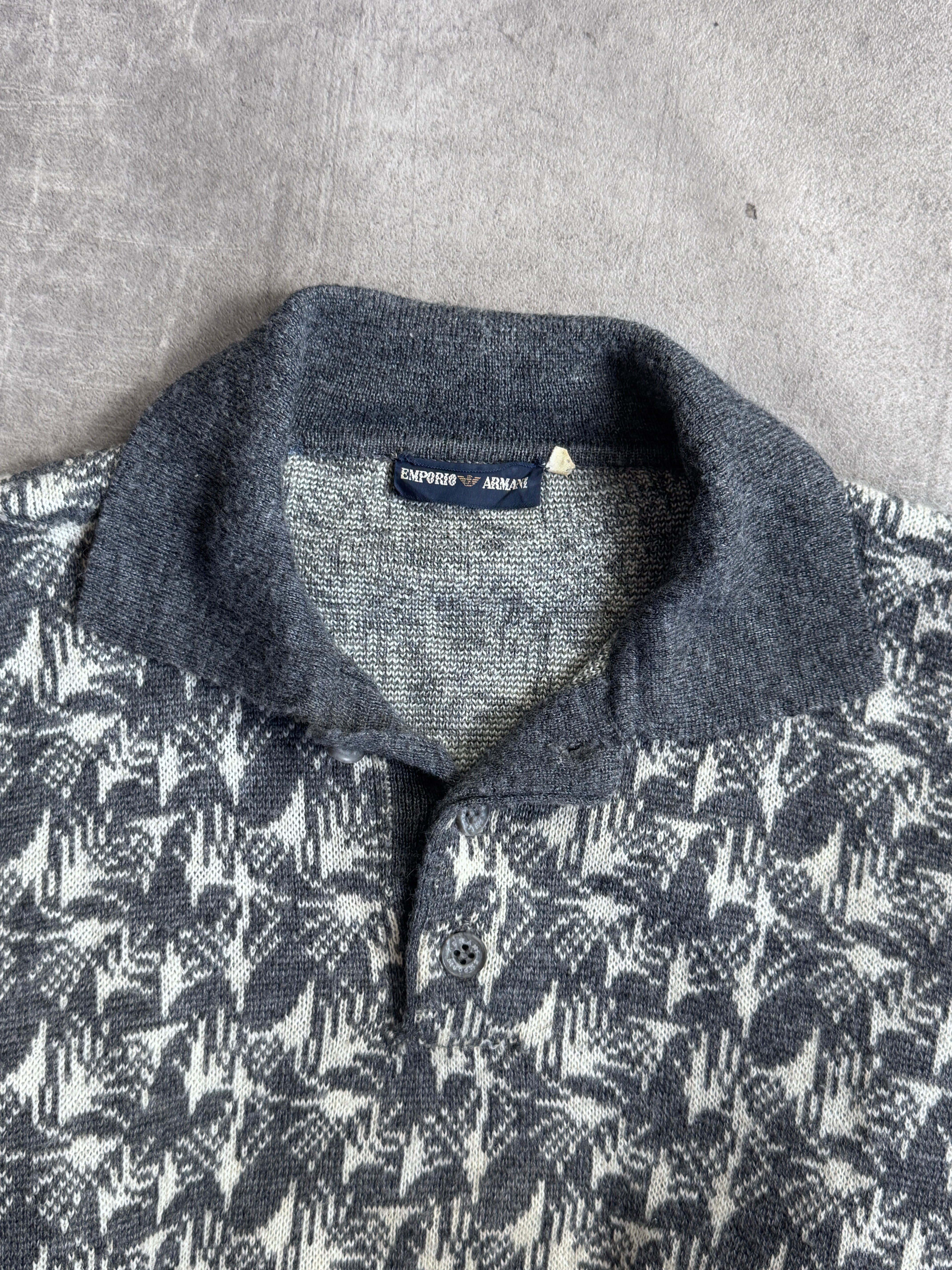1980s Emporio Armani Grey Knit Graphic Print L/S Polo – Vintage