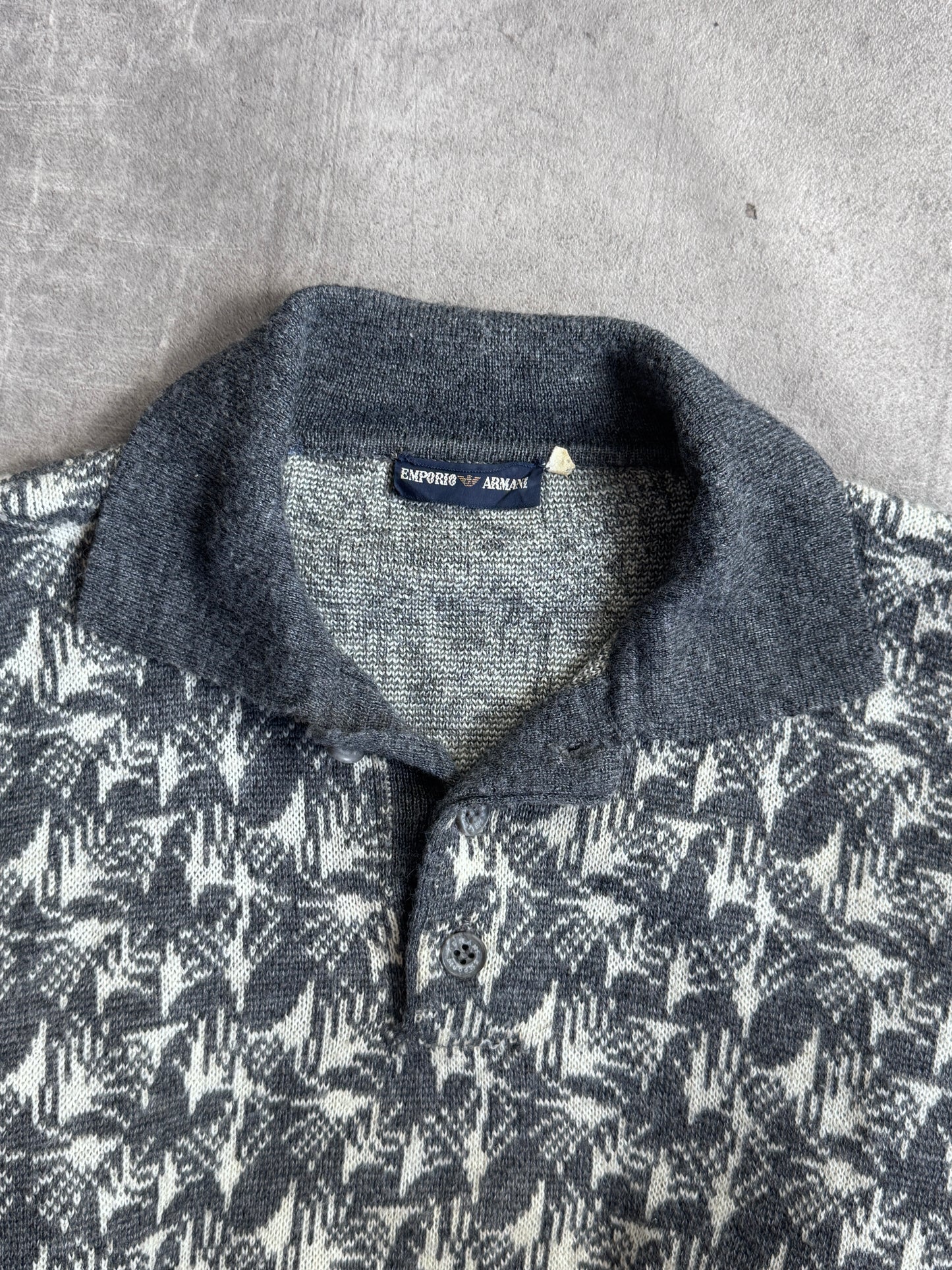 1980s Emporio Armani Grey Knit Graphic Print L/S Polo
