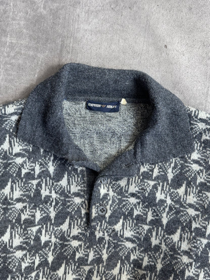 1980s Emporio Armani Grey Knit Graphic Print L/S Polo