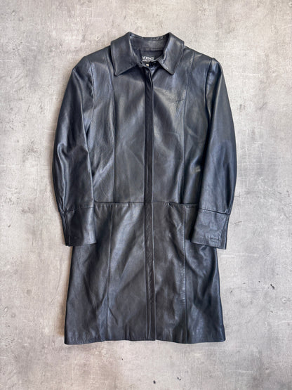 Versace Jeans Black Leather Button Down Midi Leather Coat