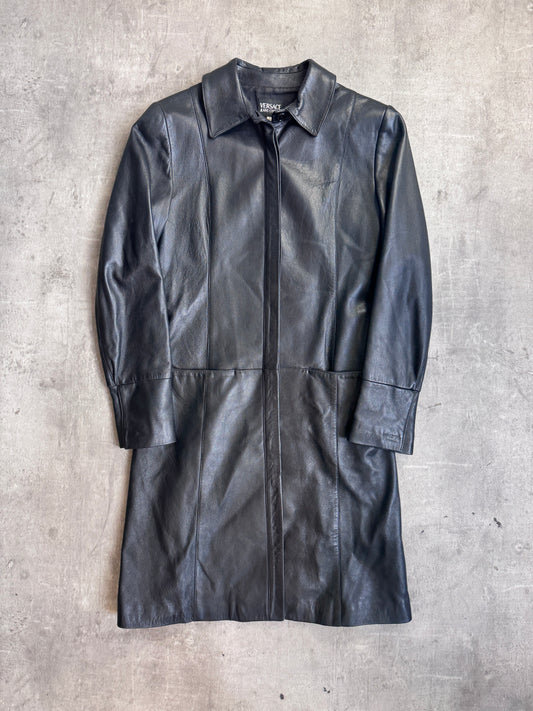 Versace Jeans Black Leather Button Down Midi Leather Coat