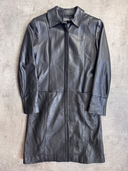 Versace Jeans Black Leather Button Down Midi Leather Coat