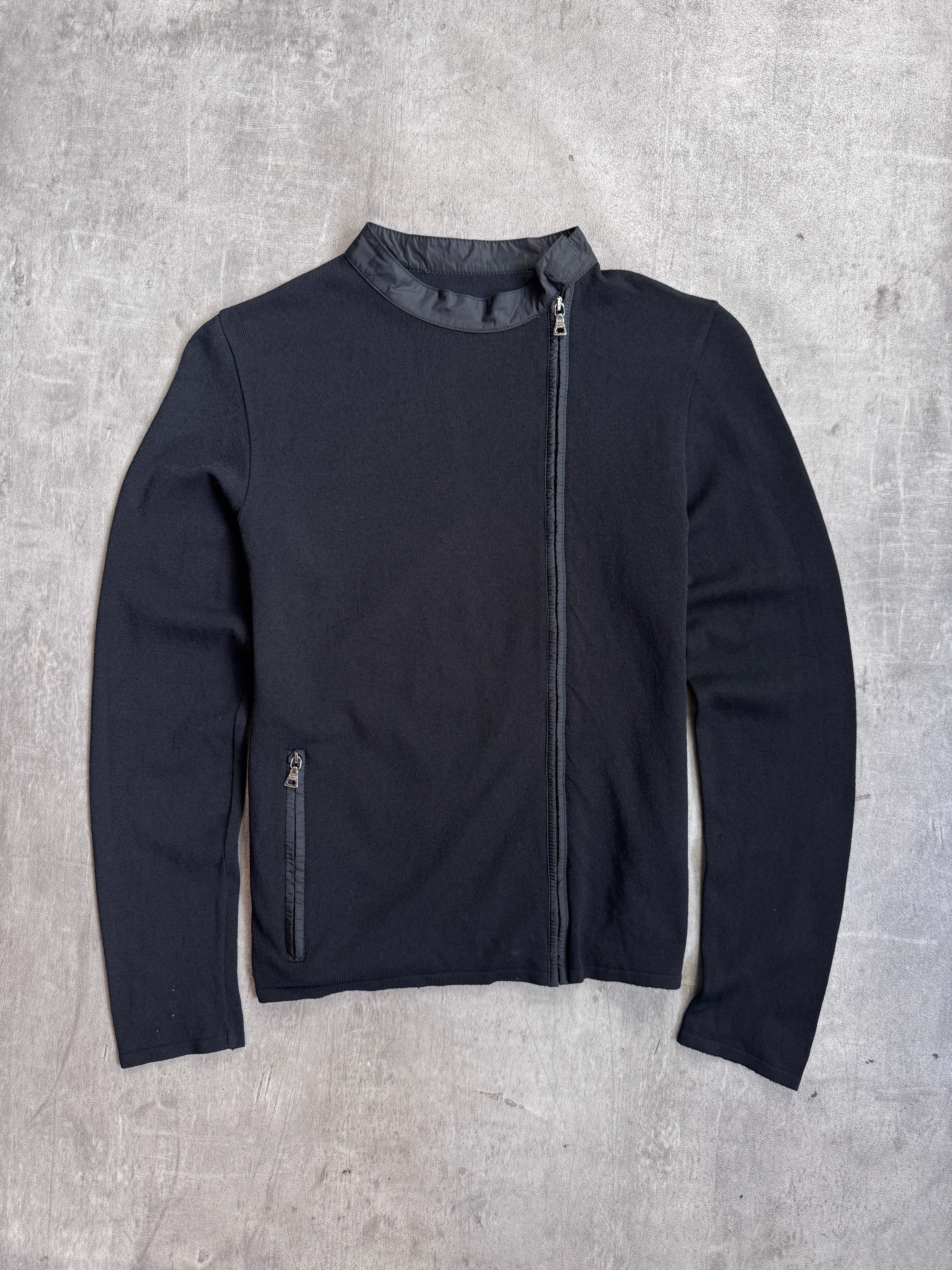 Prada Black Knit Asymmetric Zip Up Nylon Trim Cardigan – Vintage