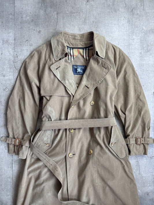 Burberry Khaki Flocked Double Breasted Wool Lined Nova Check Detailed Trench