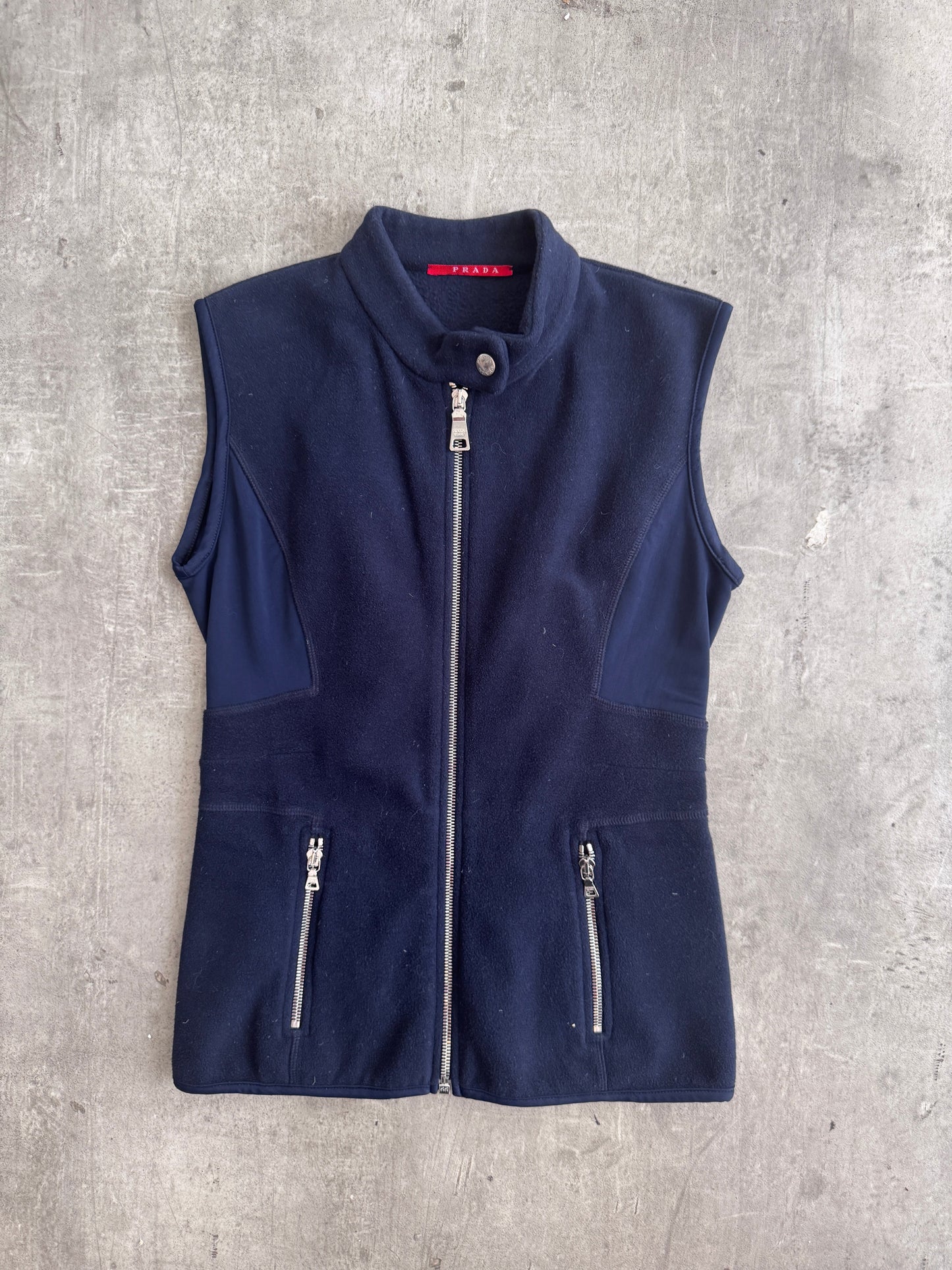 Prada Nylon Panel Tailored Navy Fleece Gilet
