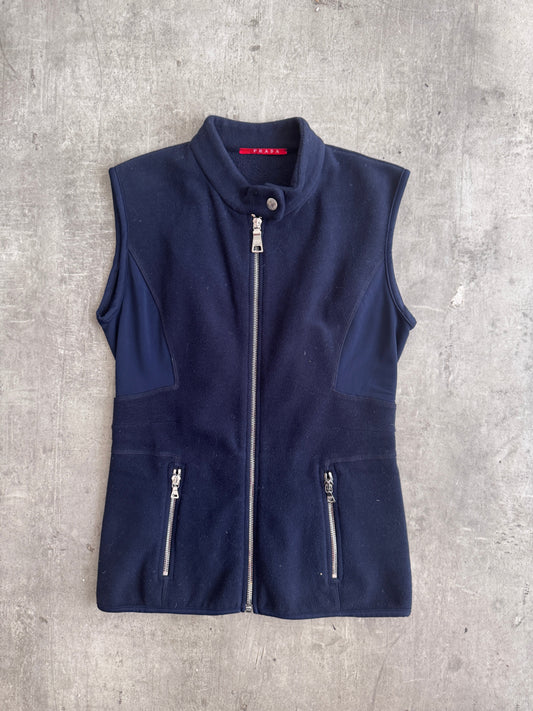 Prada Nylon Panel Tailored Navy Fleece Gilet