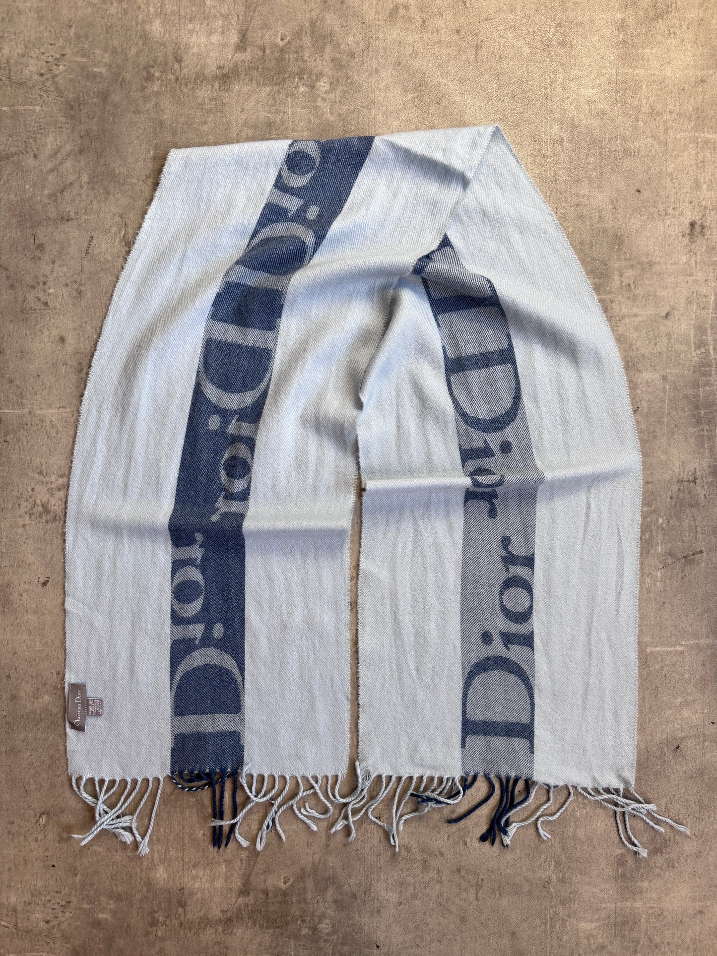 Christian Dior Pale Blue Colour Block Logo Wool Blend Scarf
