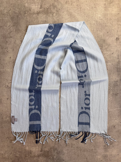 Christian Dior Pale Blue Colour Block Logo Wool Blend Scarf