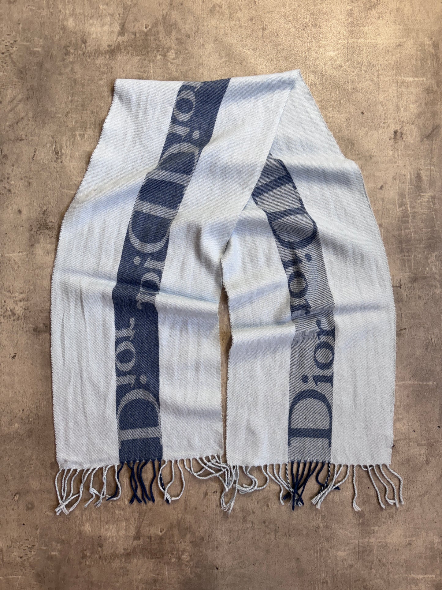 Christian Dior Pale Blue Colour Block Logo Wool Blend Scarf