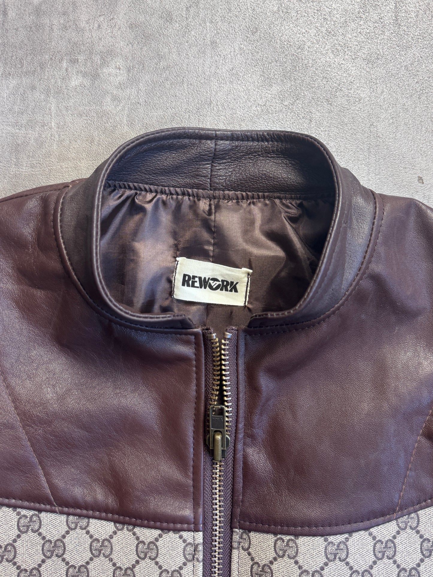 VT Rework: Gucci Monogram Boxy Brown Leather Cropped Jacket