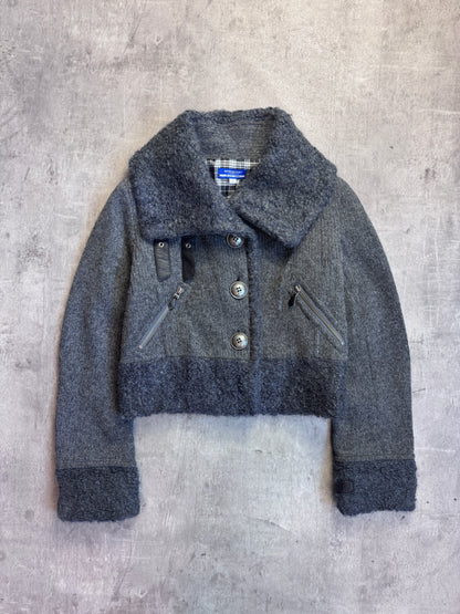 Burberry Blue Label Grey Cropped Wool Oversized Collar Jacket