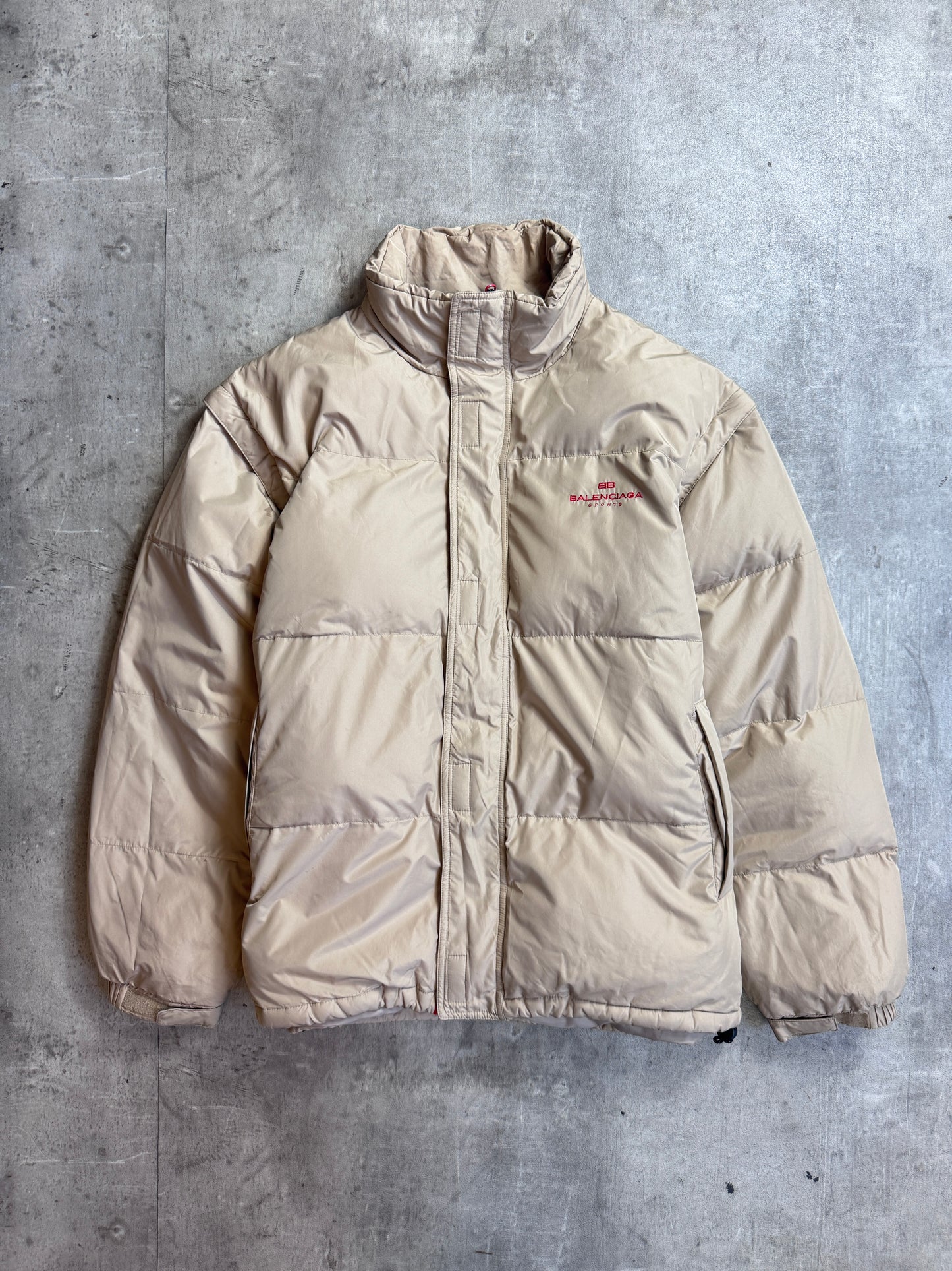 Balenciaga Sports Beige Removable Arms Red Stripe Detailed Puffer