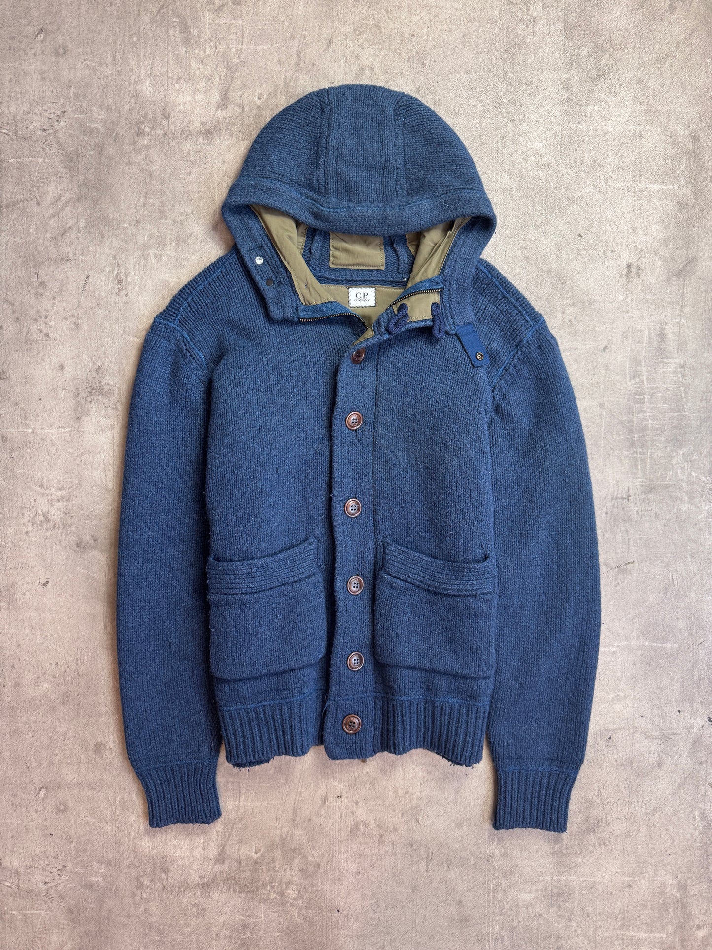 C.P. Company Navy Blue Button Down Hooded Lined Knit Cardigan