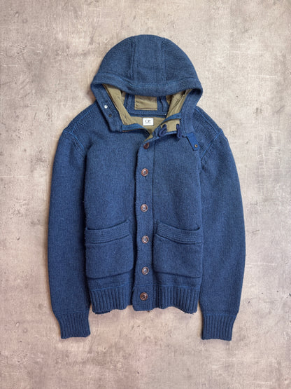 C.P. Company Navy Blue Button Down Hooded Lined Knit Cardigan