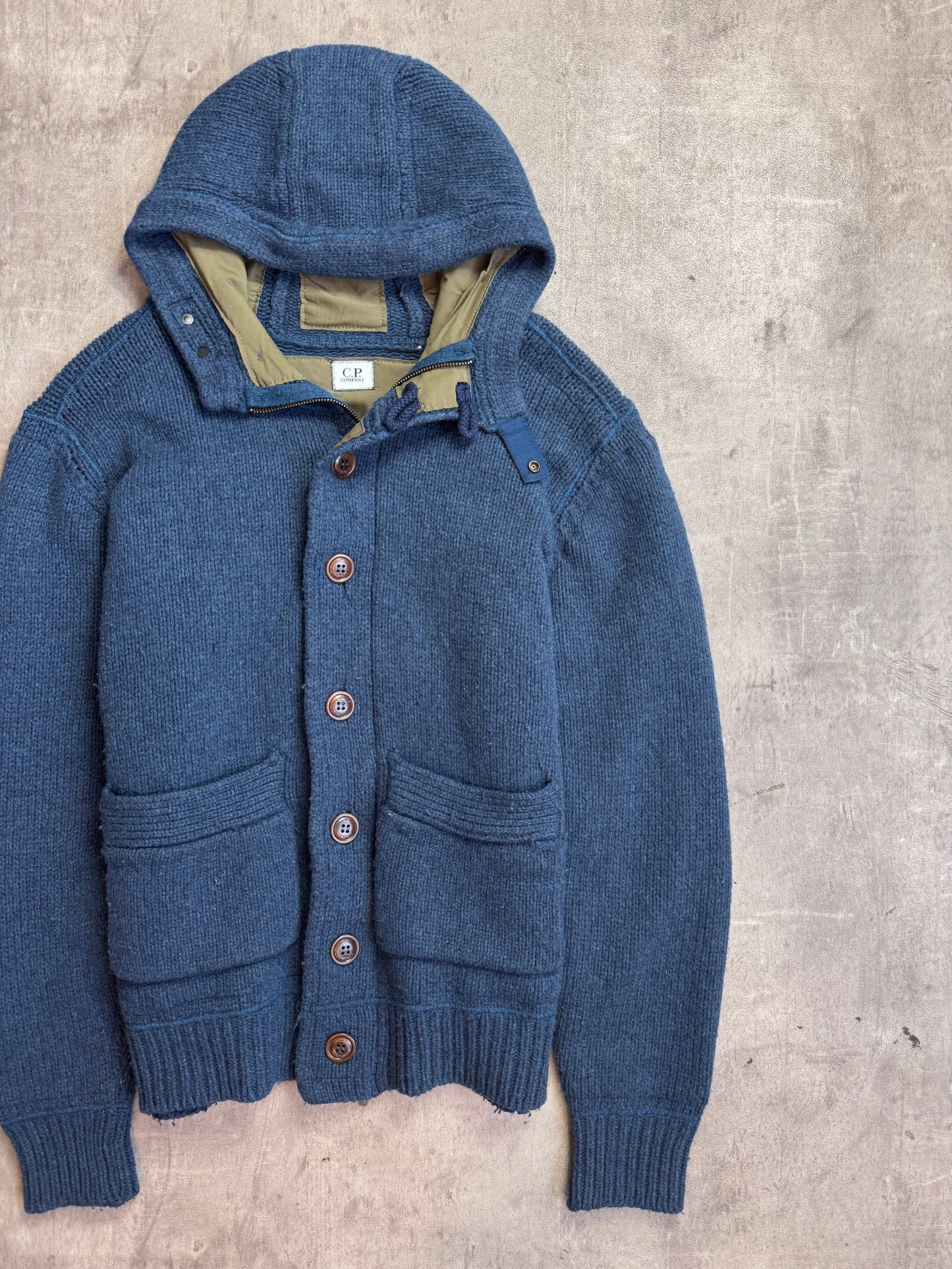C.P. Company Navy Blue Button Down Hooded Lined Knit Cardigan