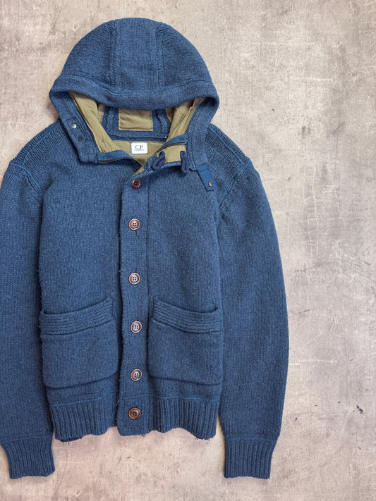 C.P. Company Navy Blue Button Down Hooded Lined Knit Cardigan