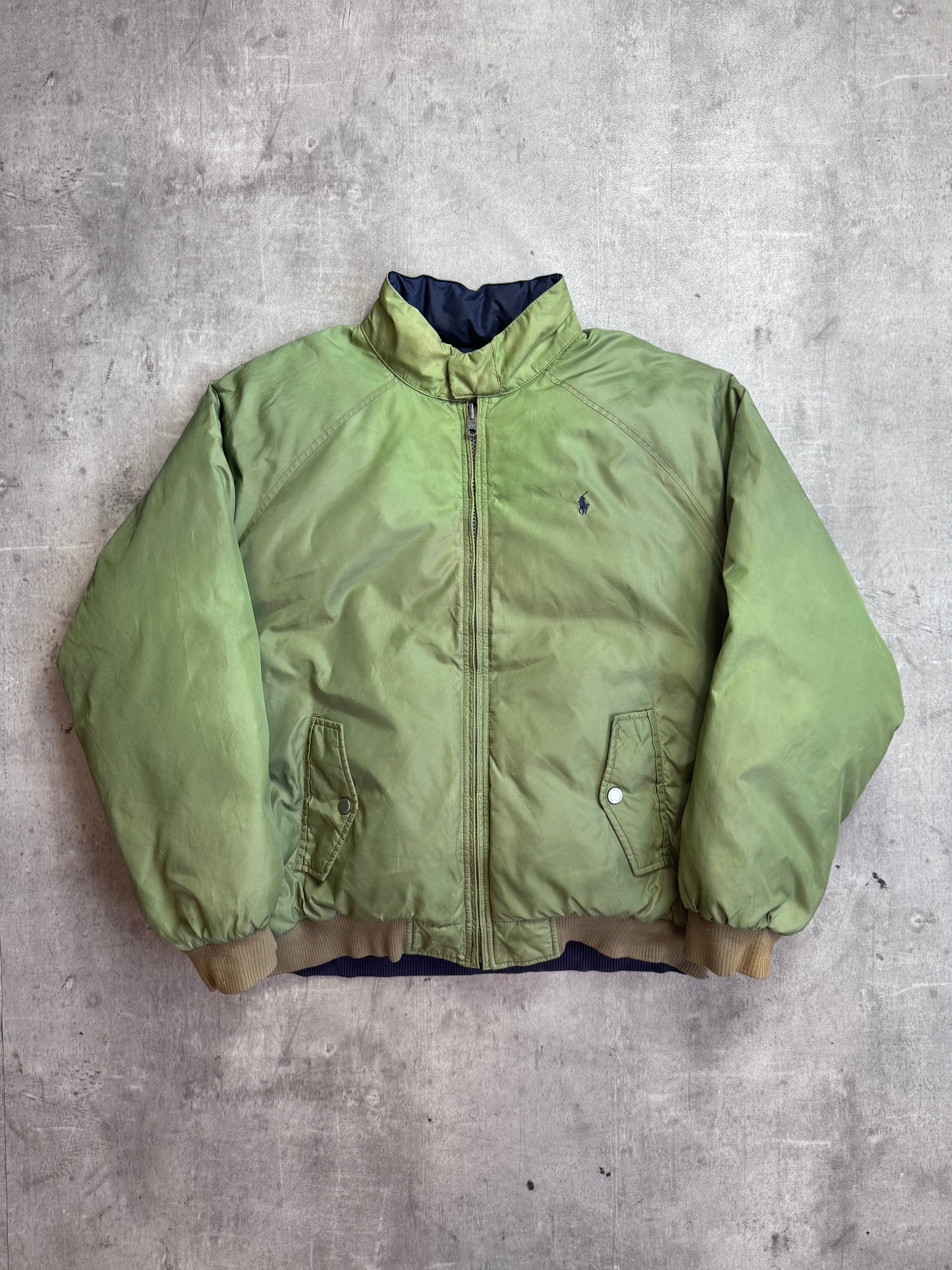 Ralph Lauren Khaki Reversible Poly Navy Lined Down Bomber