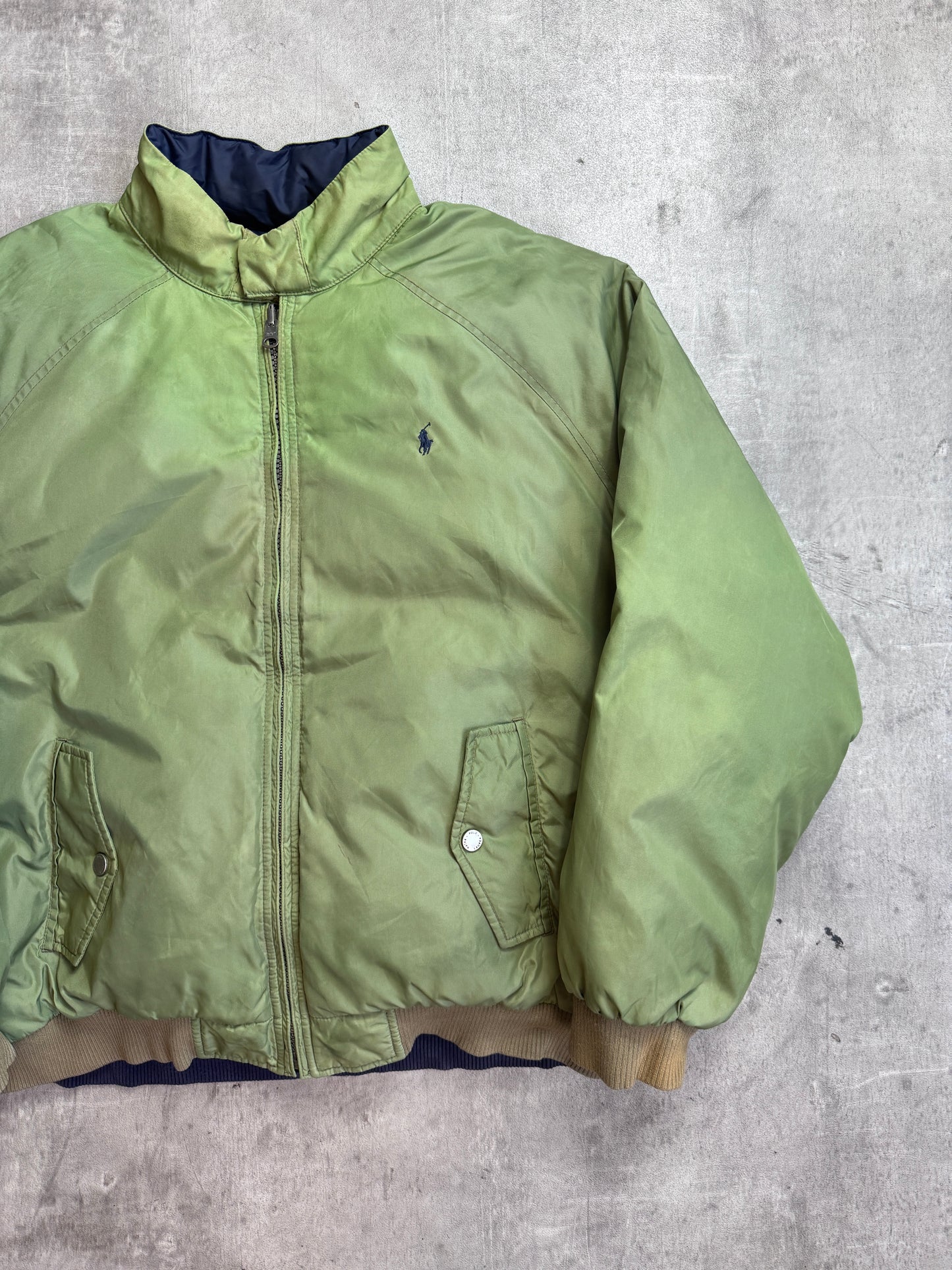 Ralph Lauren Khaki Reversible Poly Navy Lined Down Bomber