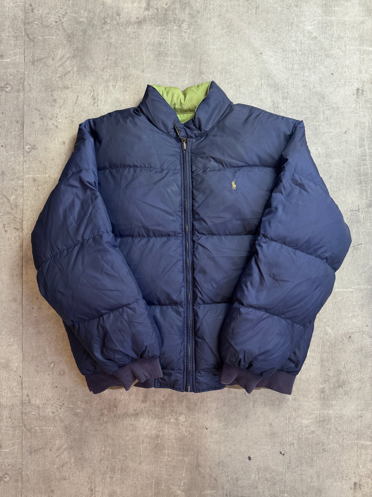 Ralph Lauren Khaki Reversible Poly Navy Lined Down Bomber