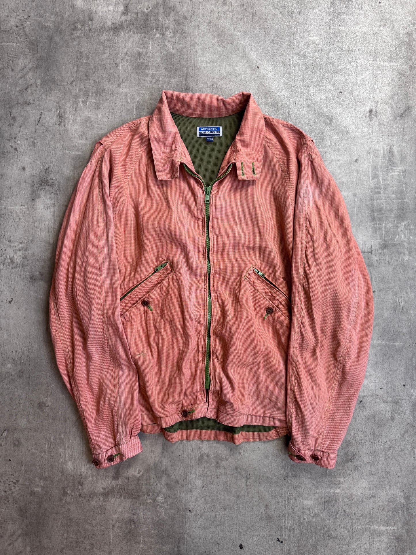 Nigel Cabourn Orange Mini Houndstooth Print Green Mesh Detailed Bomber