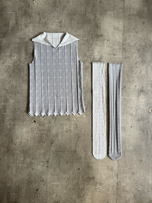Issey Miyake Grey 132 5 Line Origami Top With Matching Tassel Knee Highs