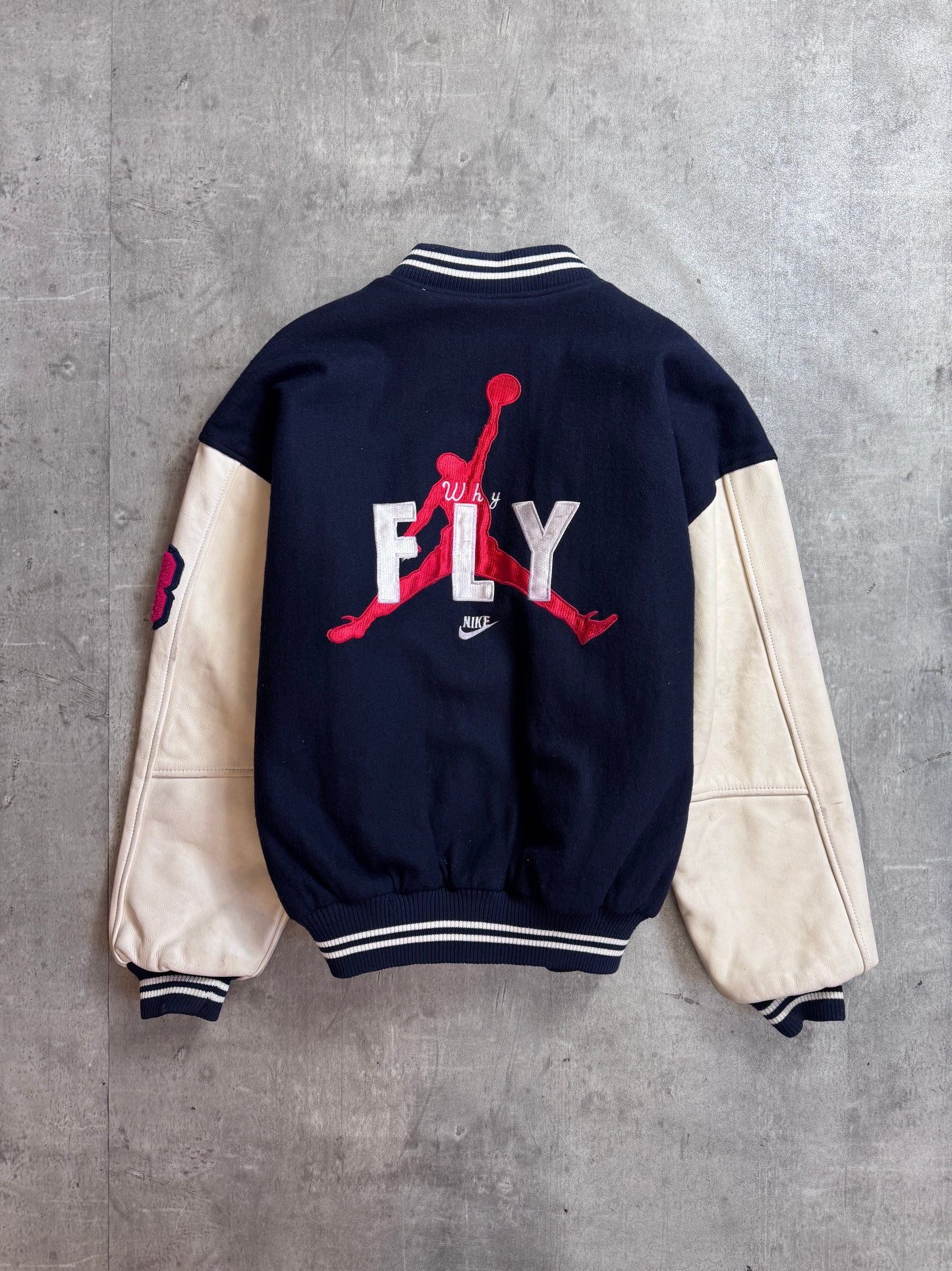 Nike Jordans 'Why Fly' Patch Embellished Black Fleece Lined White Leather Sleeve Varsity