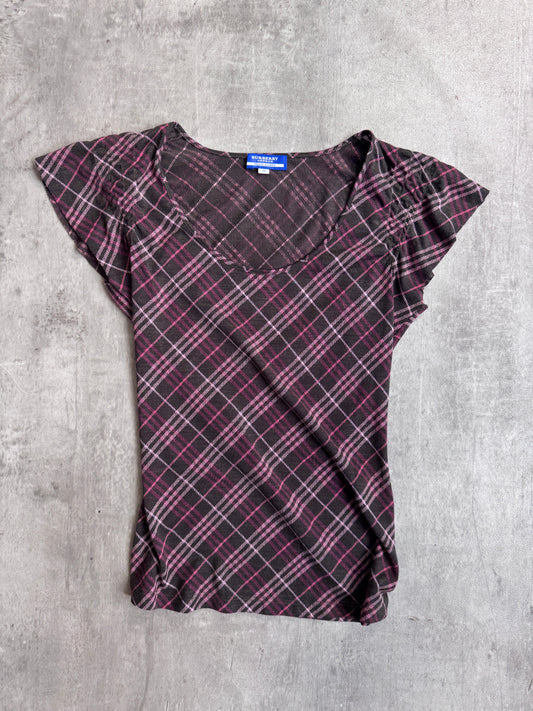 Burberry Blue Label Pink Nova Check V-Neck Tee