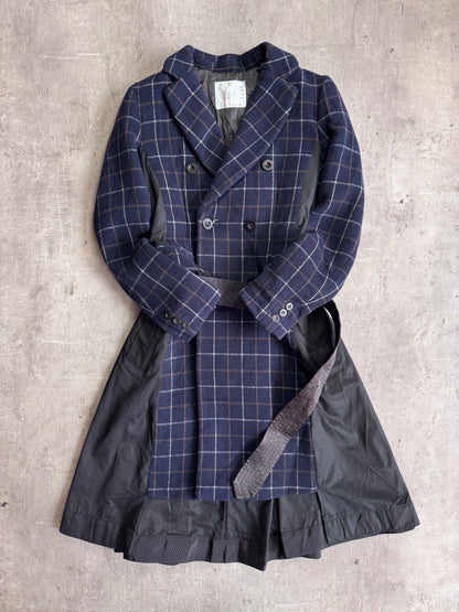 Sacai Navy Check Wool Blend Black Nylon Detailed Belted Raincoat