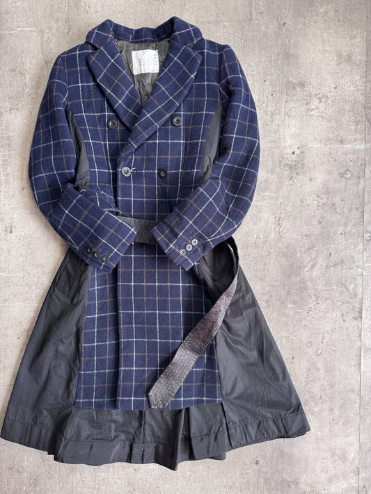 Sacai Navy Check Wool Blend Black Nylon Detailed Belted Raincoat