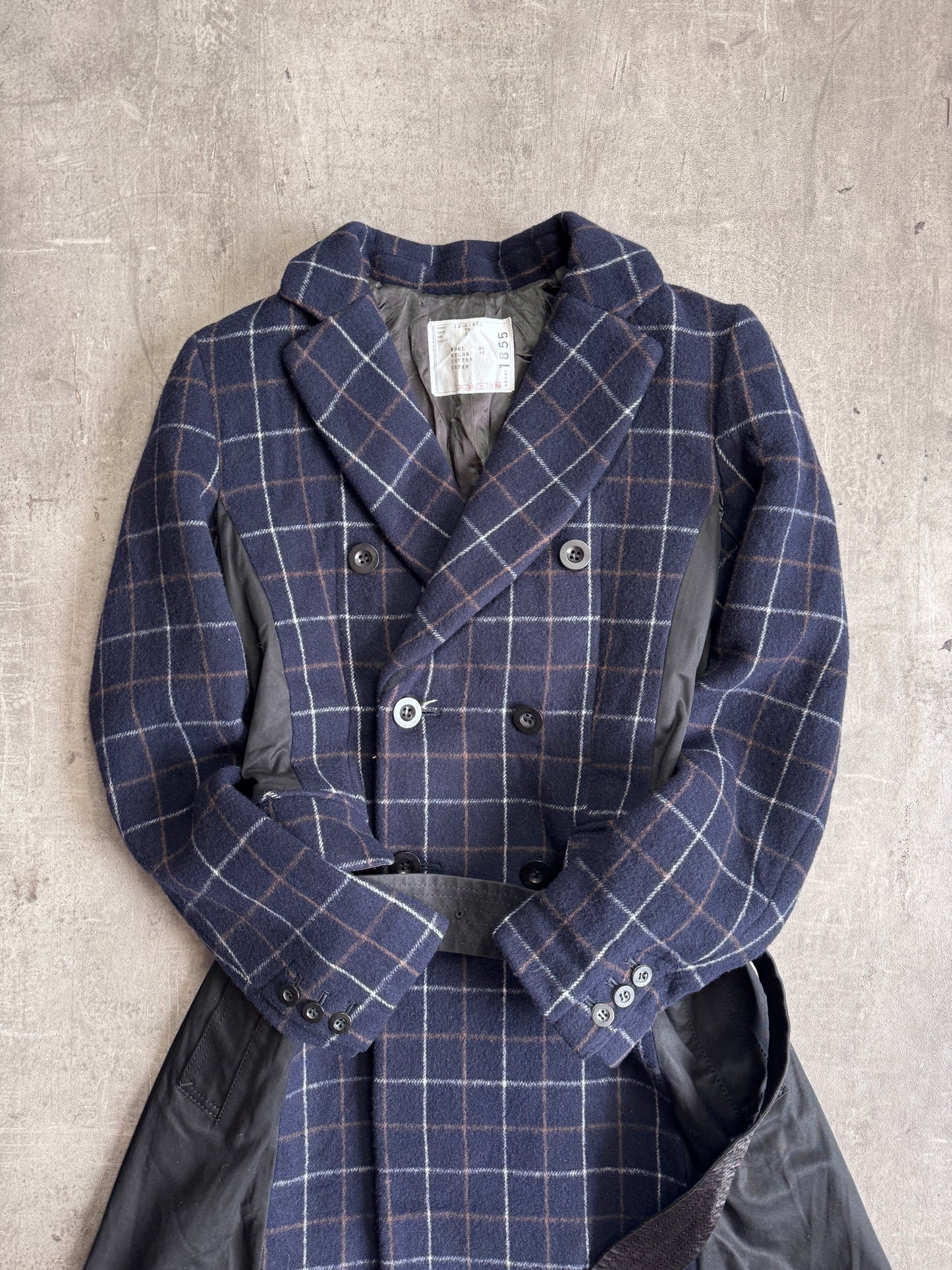 Sacai Navy Check Wool Blend Black Nylon Detailed Belted Raincoat