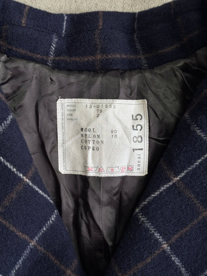 Sacai Navy Check Wool Blend Black Nylon Detailed Belted Raincoat