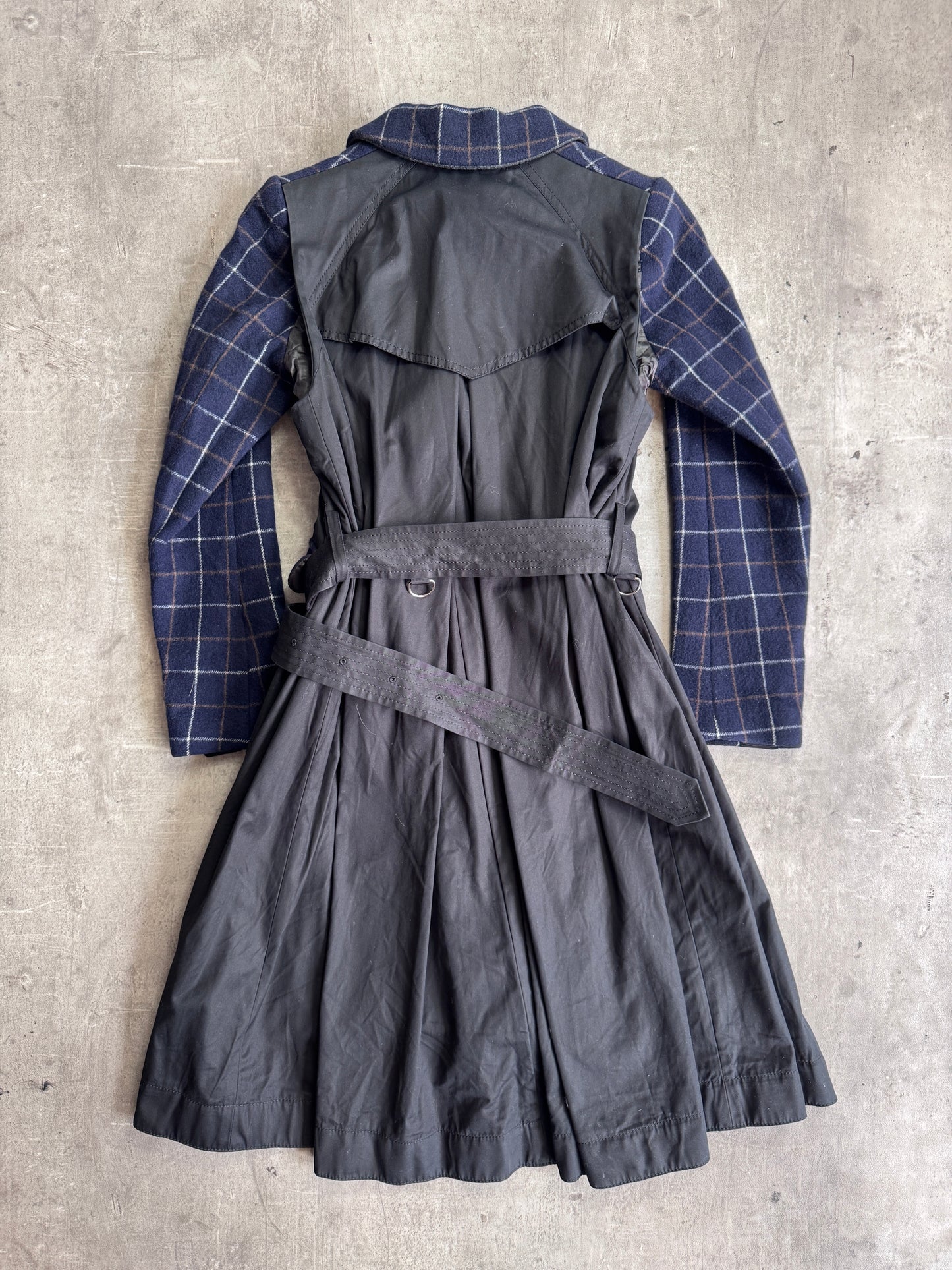 Sacai Navy Check Wool Blend Black Nylon Detailed Belted Raincoat