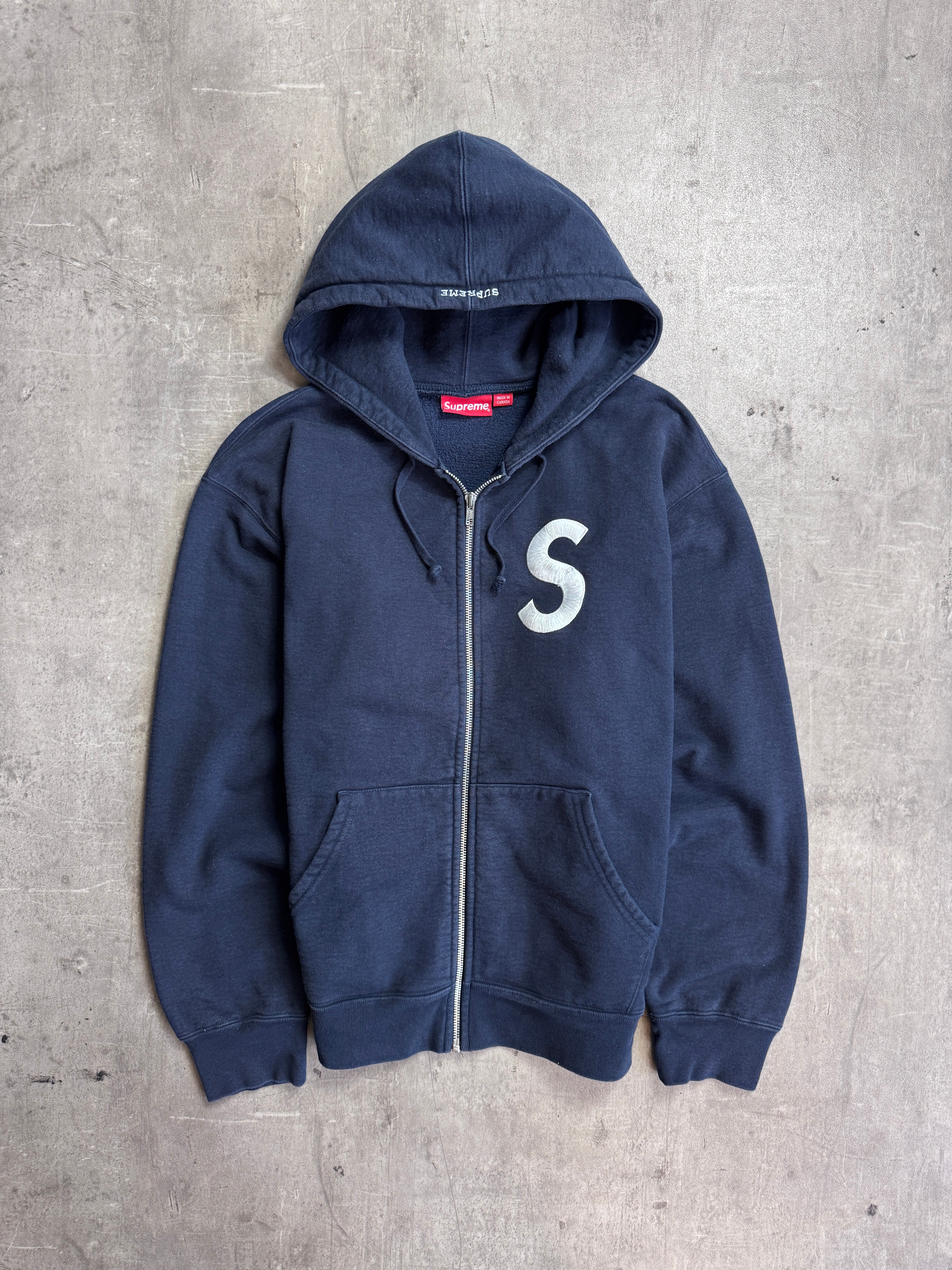 Supreme S Embroidered Logo Full Zip Navy Cotton Hoodie – Vintage