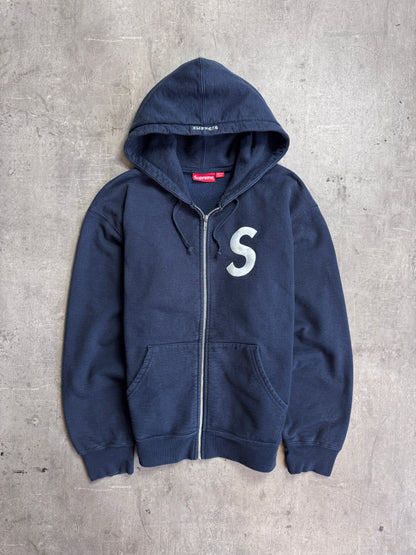 Supreme S Embroidered Logo Full Zip Navy Cotton Hoodie