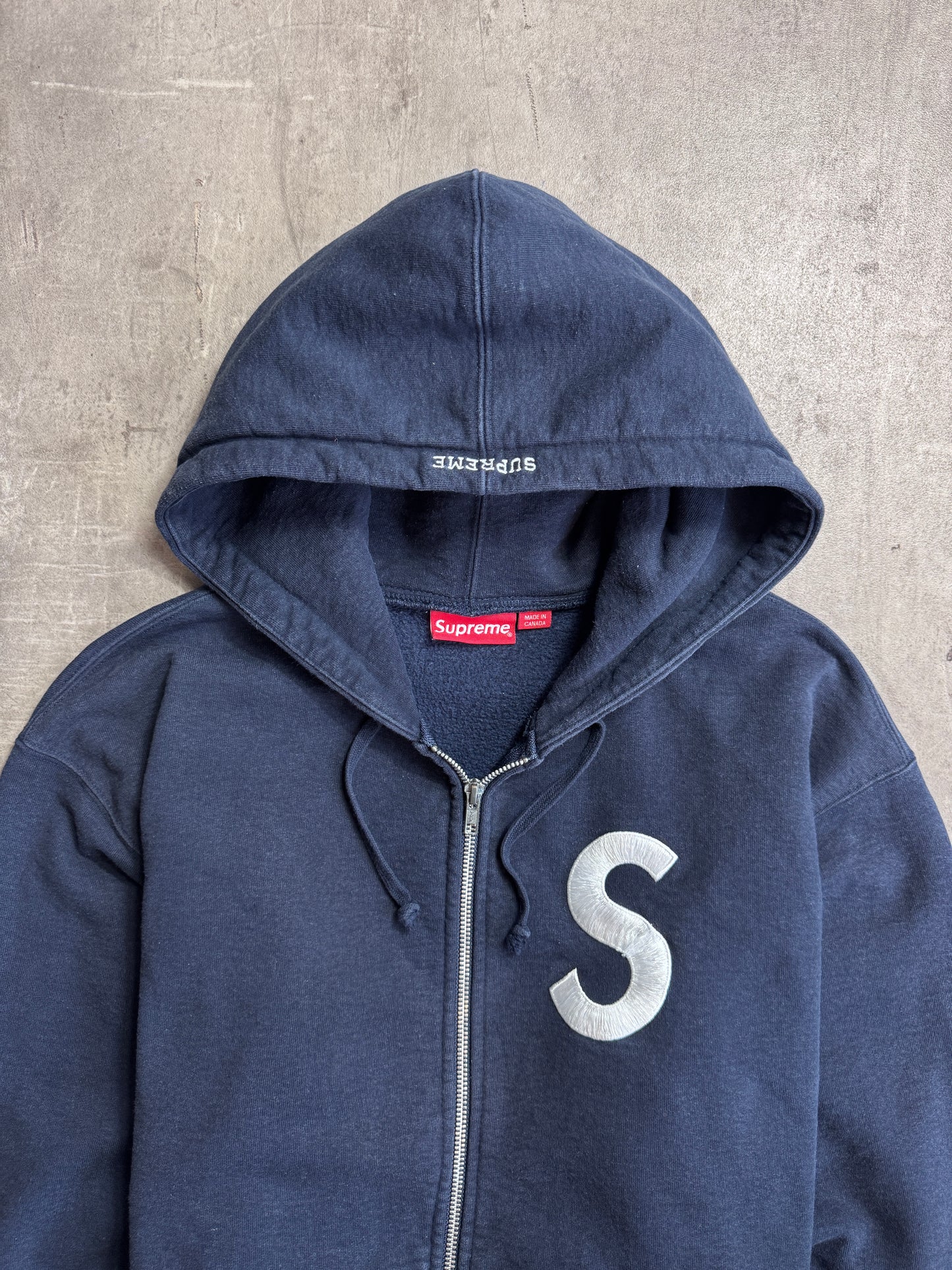 Supreme S Embroidered Logo Full Zip Navy Cotton Hoodie