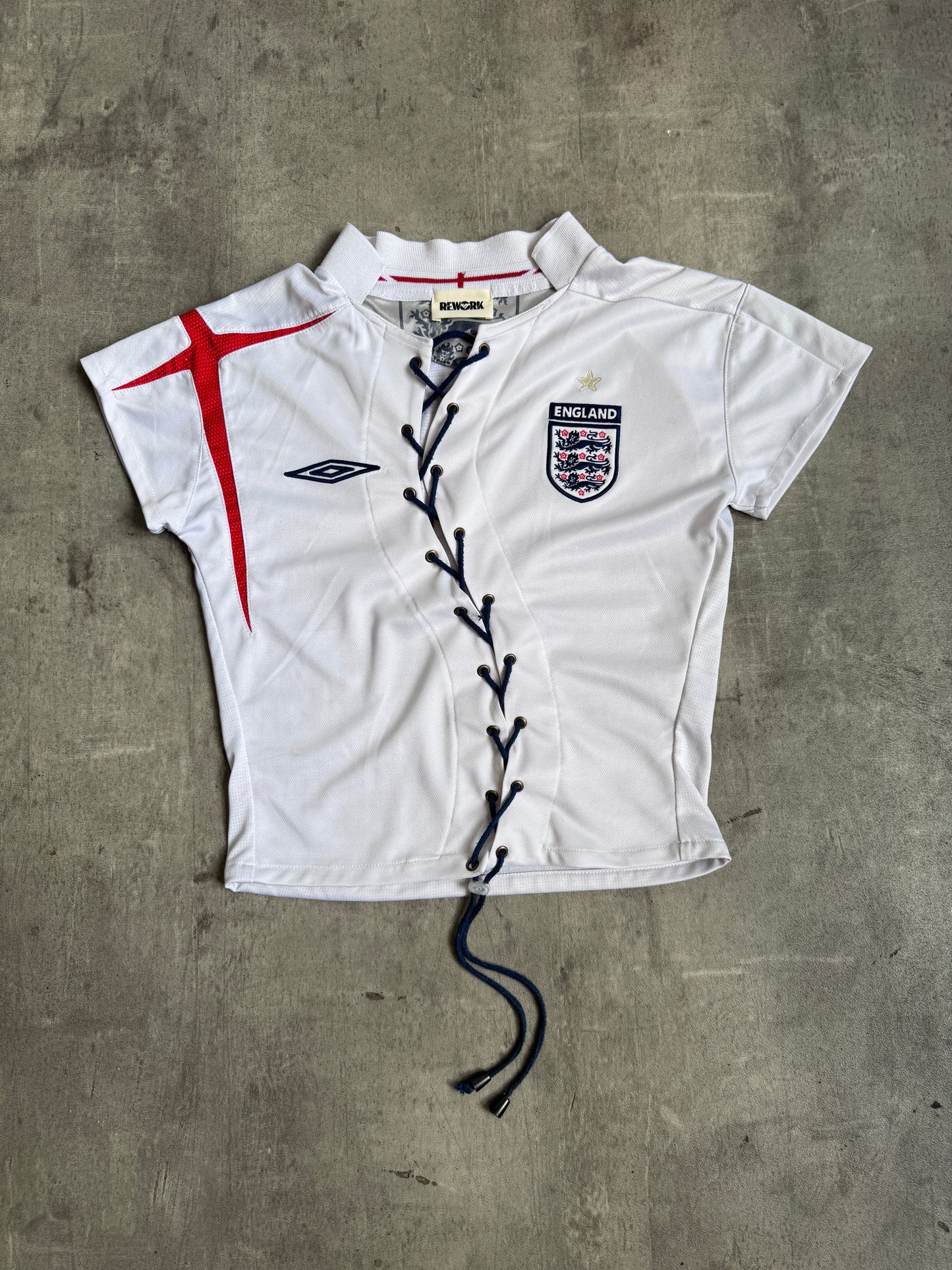 VT Rework: England White Asymmetric Lace Front Tee