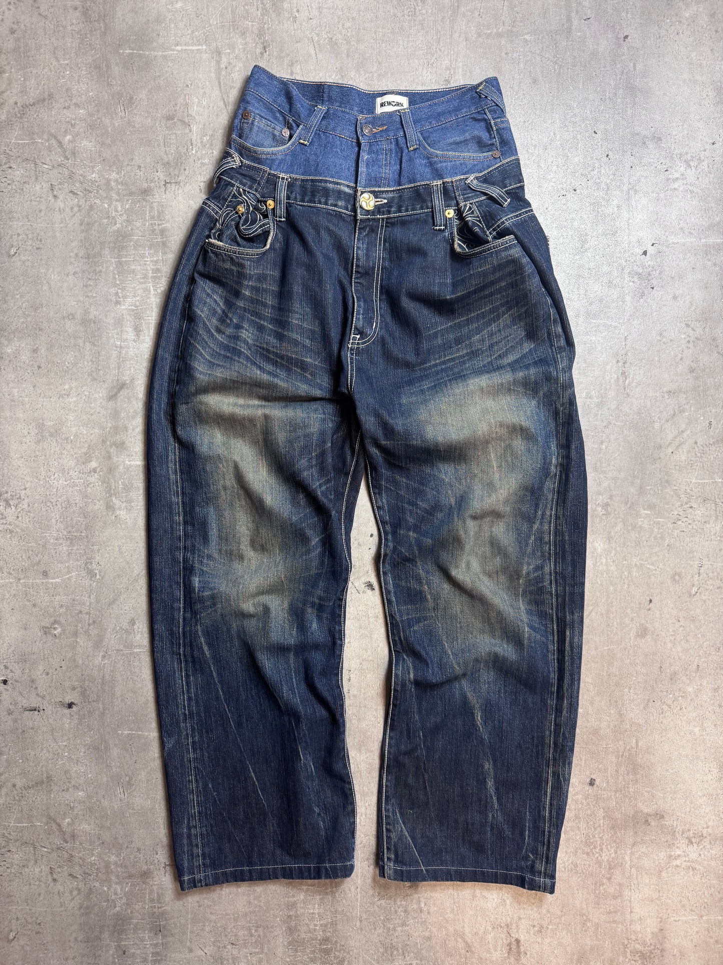 VT Rework: Big Train Gold Embellished Double Waist Rework Jeans