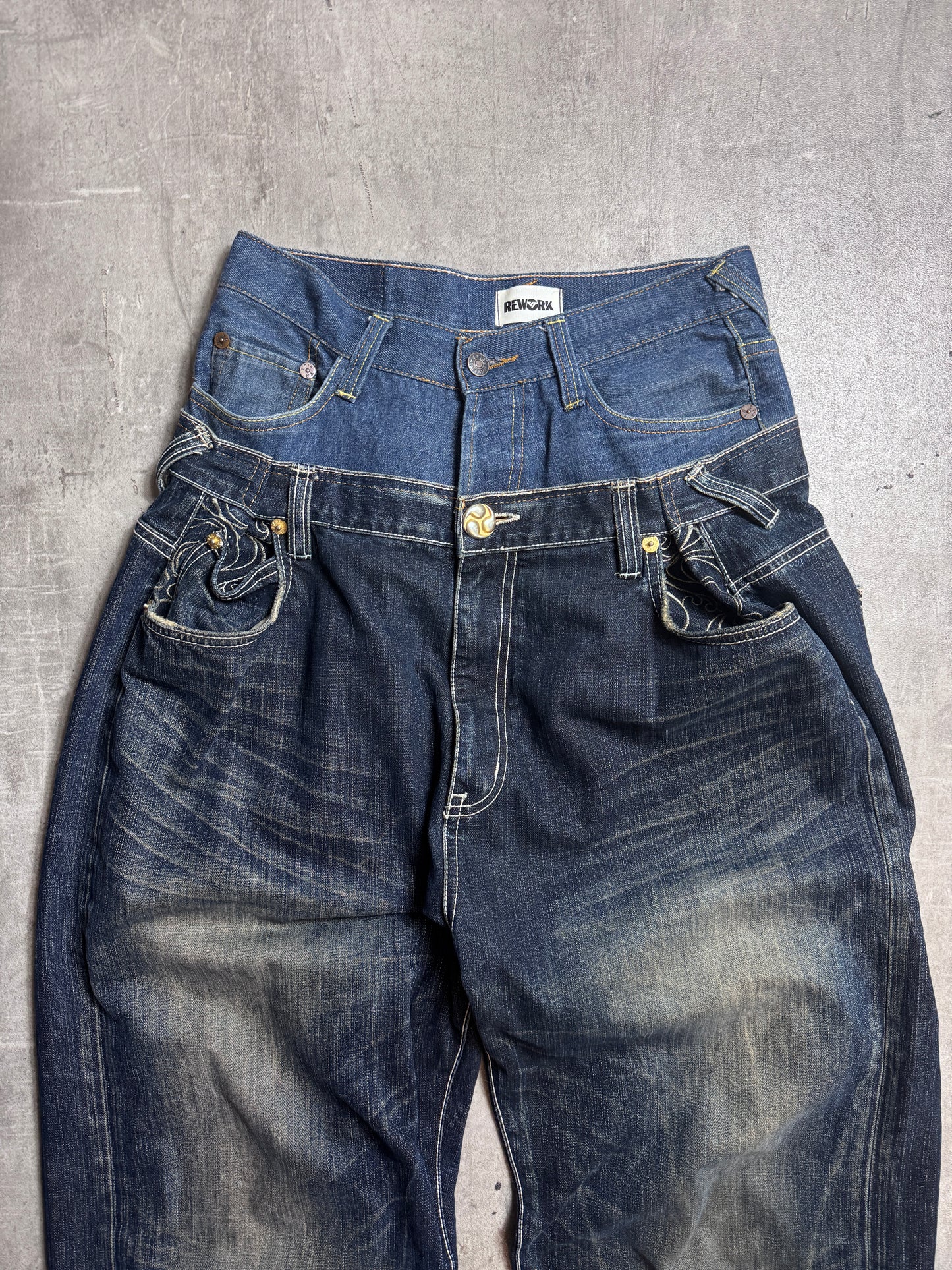 VT Rework: Big Train Gold Embellished Double Waist Rework Jeans