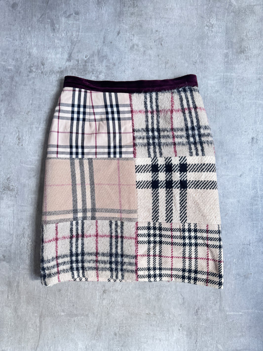 Burberry Patchwork Nova Check Wool Textured Midi Skirt